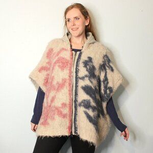 Free People Rare Thing Poncho Fuzzy Sweater Zip Up Hooded M / L Pink Blue Gray